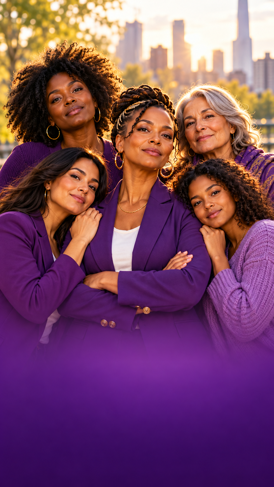 Women united in purple, standing together at golden hour