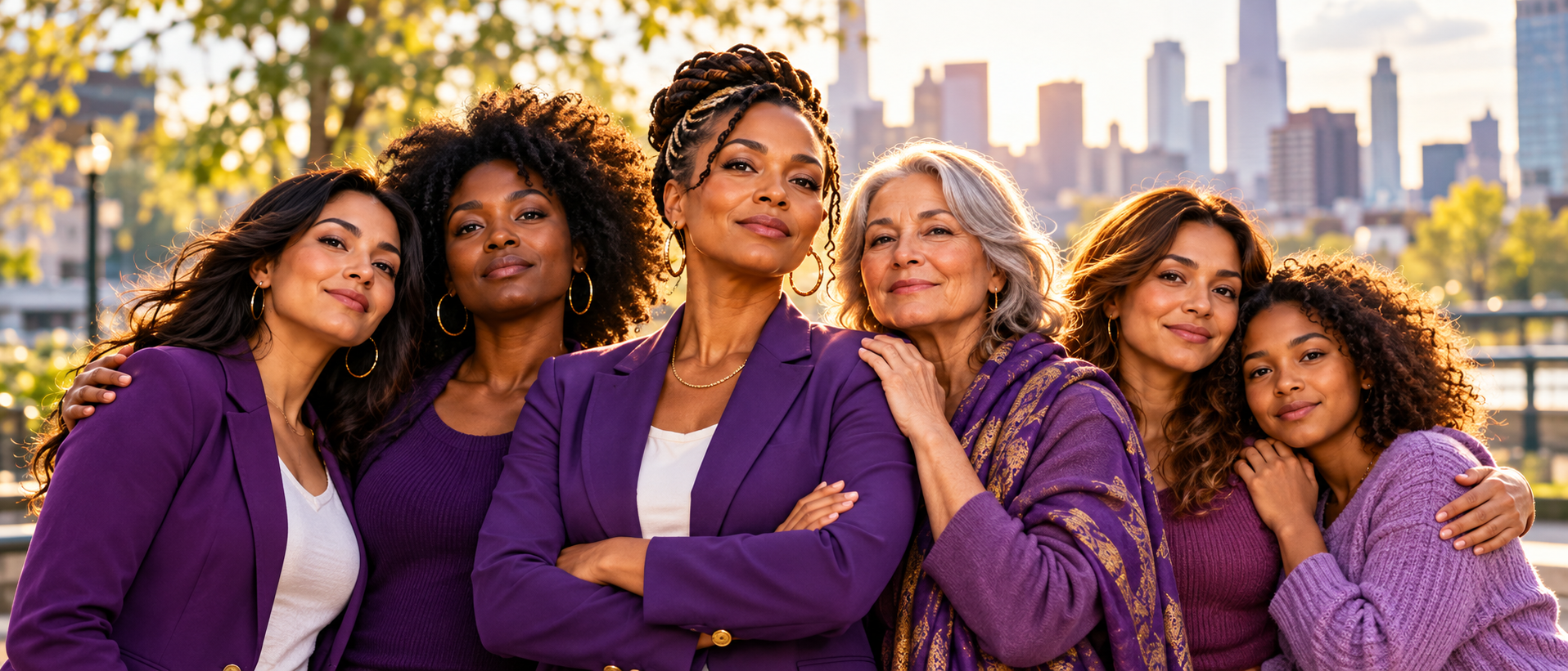 Women standing together in purple at golden hour